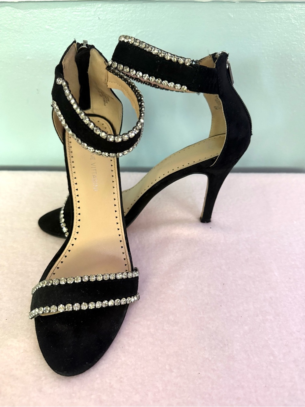 Adrienne Vittadini Black Suede Crystal-Strap Stiletto Sandals